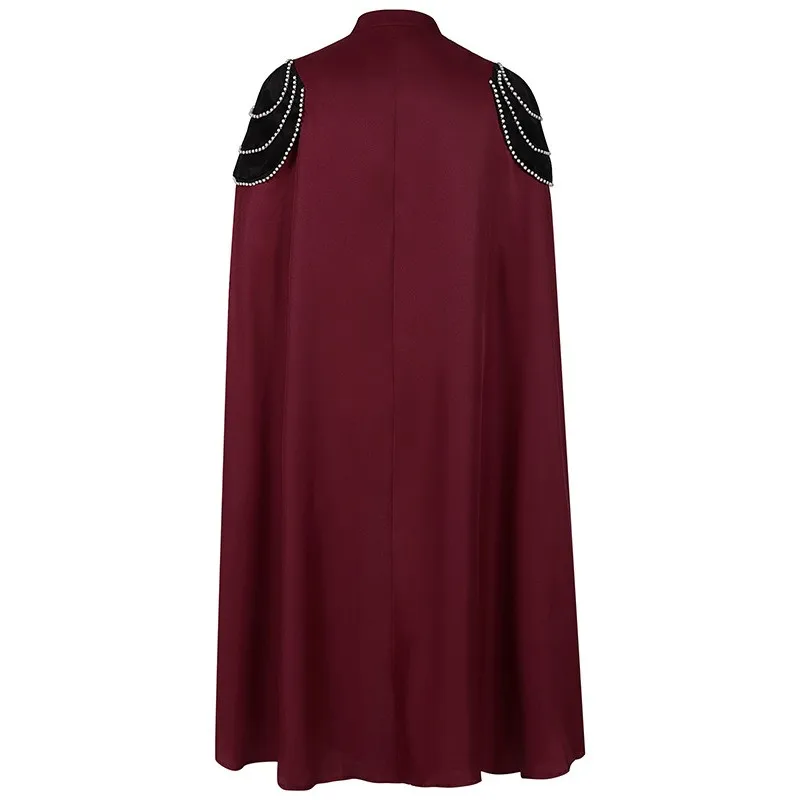 Women's Elegant Hooded Solid Color Cape Coat Top Dress with Pearl Trim Shoulder and Metal Chain Decoration for Women and Ladies