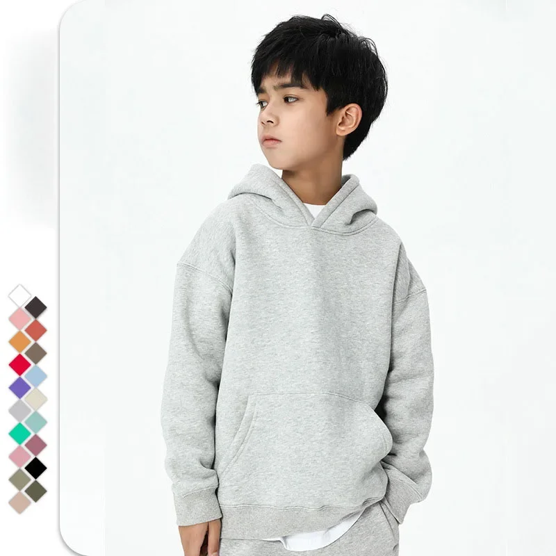 Boys Winter Sports Hoodies Fleece Warm Childrens School Clothes Thicken Grey Girls Hooded Sweatshirt Pullover Kids Tops 10 12 Y