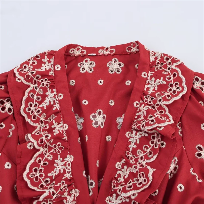 Keyanketian verão novo feriado vento oco para fora bordado expor cintura midi vestido feminino fino puff manga em camadas uma linha vestido