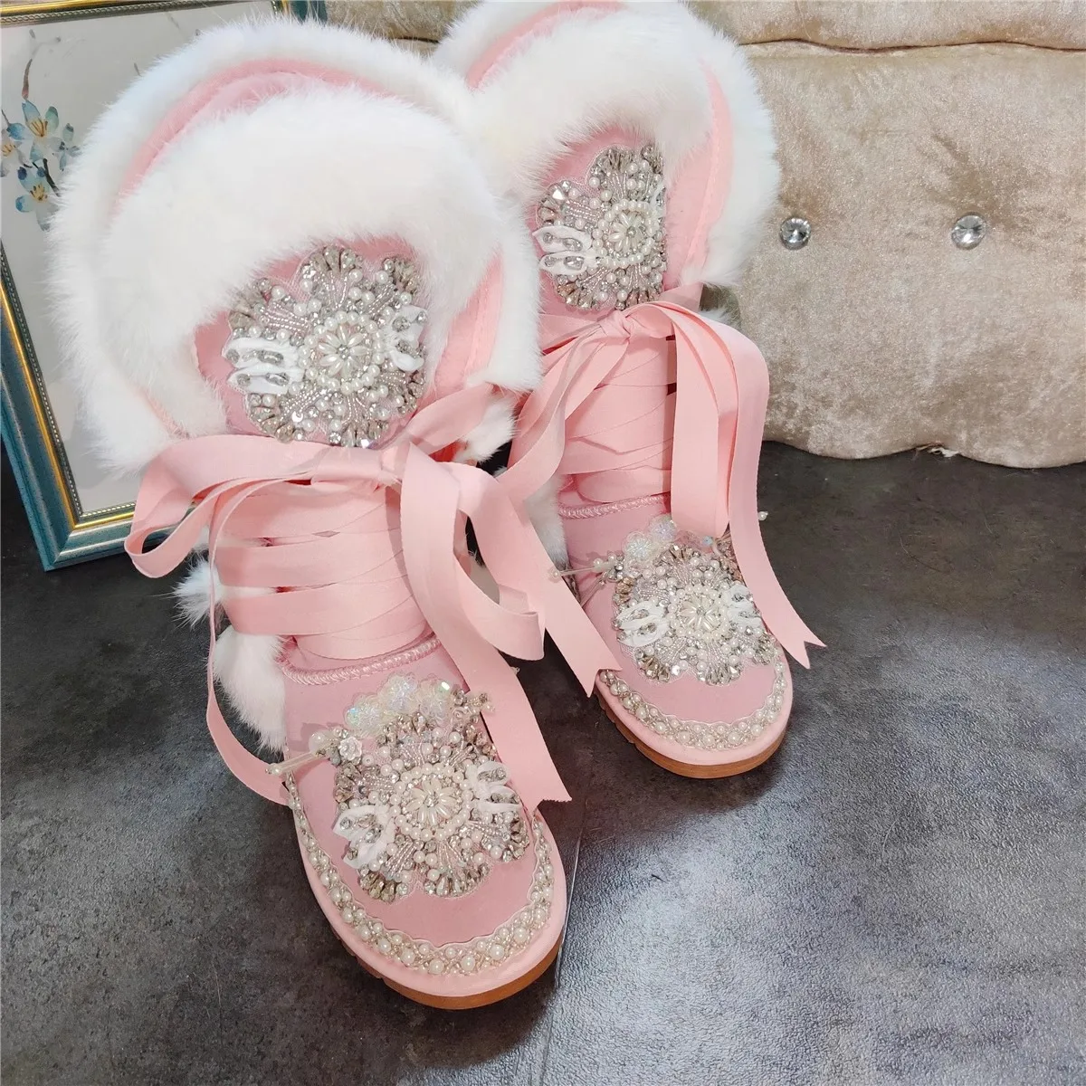 Bling Rhinestone Beading Flower Rabbit Fur Pink Lace- Up Snow Boots Thick Sole Slip On Pink Suede Warm Winter Fur Booties Woman