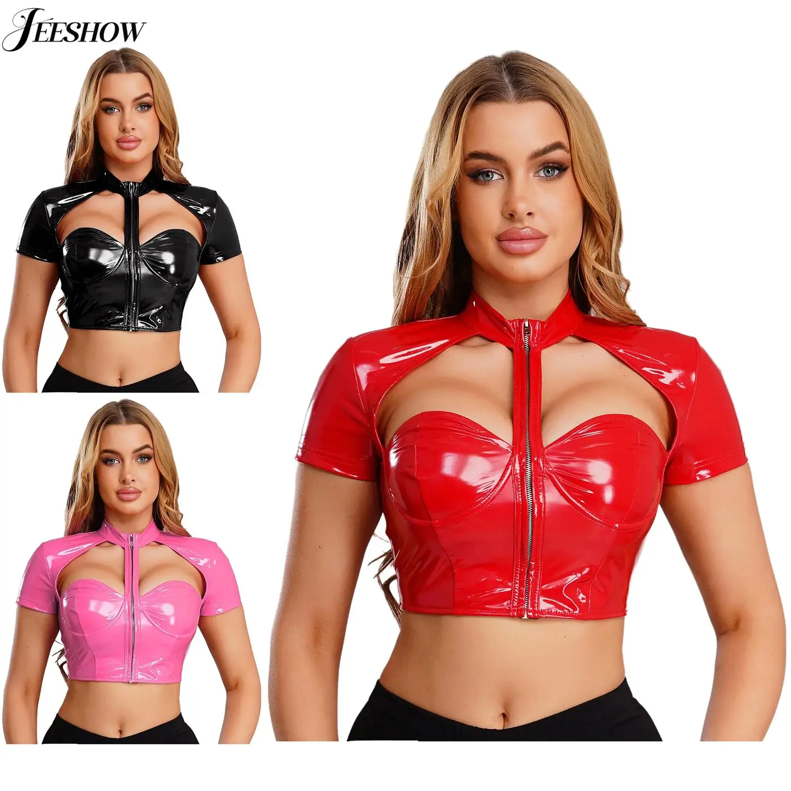 Top corto calado de cuero PU para mujer, Sexy, aspecto húmedo, Push Up, corpiño con aros, cremallera frontal, Tops cortos de manga corta para discoteca