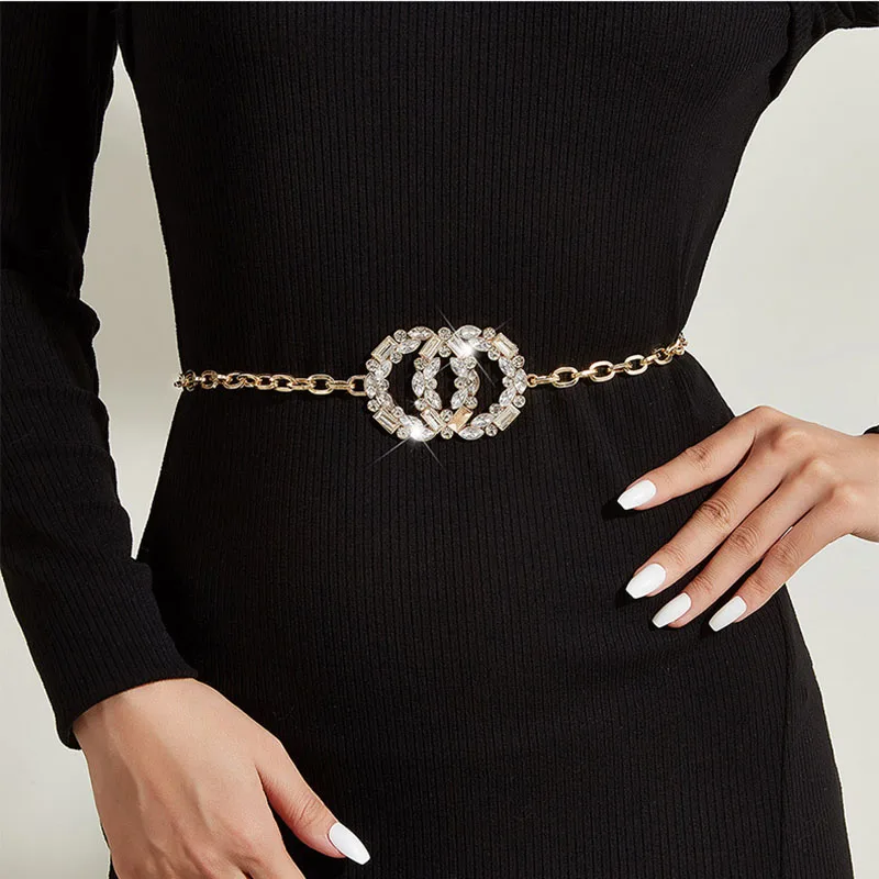 

Fashion Girls Ins Metal Waist Chain Double Round Rhinestone Buckle Thin Waistband Wais All-Match Dress Suit Women Accessory Belt