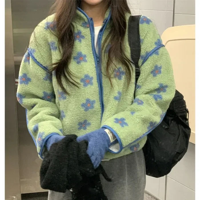Retro Adorable Blue Flower Lamb Fur Vest Warm Coat Women's Cotton Jacket Winter Fashion Cute Fluffy Outerwear