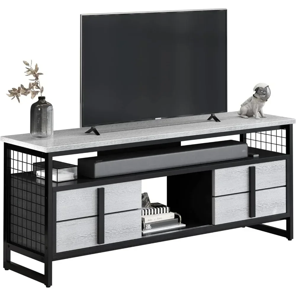 

Living room LED wooden TV media console with sturdy metal legs, suitable for TVs up to 65 inches, 300 pounds capacity