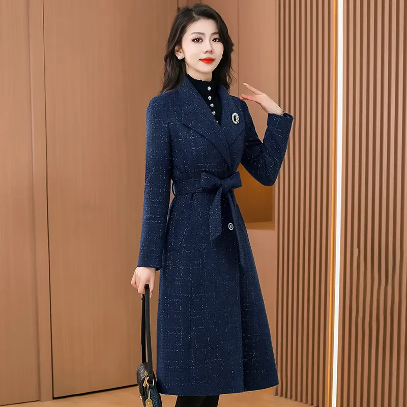 Chic Casual Woolen Jacket Women Overcoat Spring Autumn 2024 New Loose Thickened Mid-Length Belt Double-Breasted Wool Trenchcoat