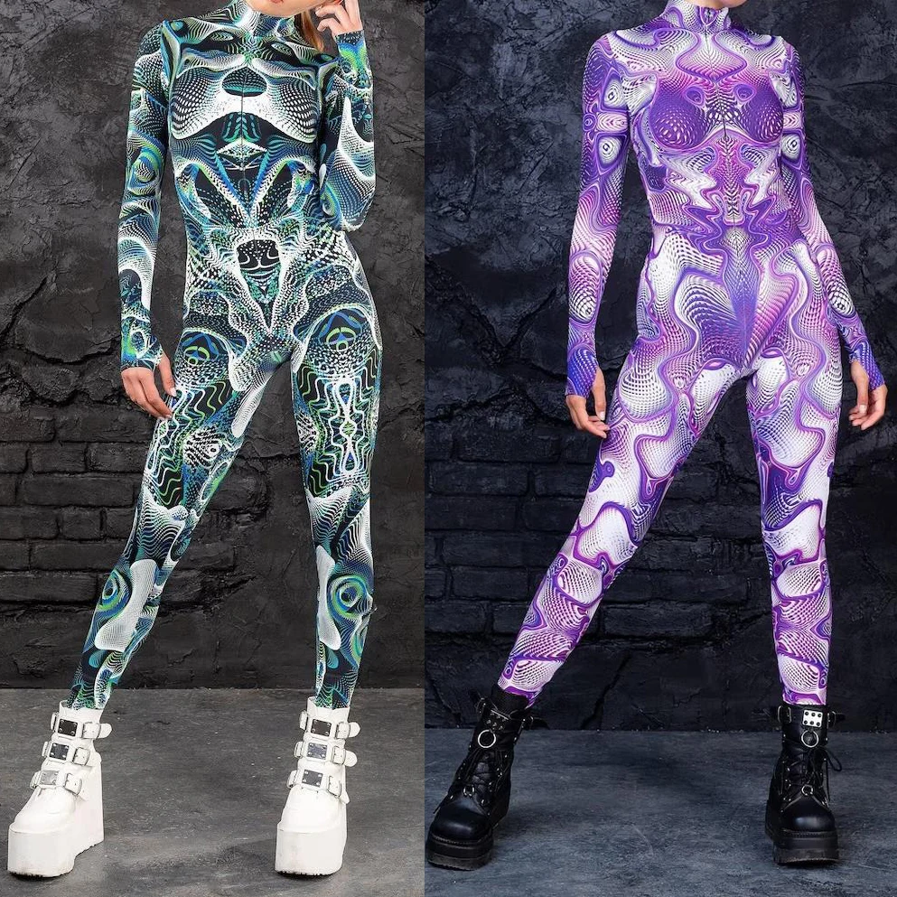 Macacão Zentai Geometria Abstrata para Mulheres, Bodysuit CyberPunk, Traje de Carnaval, Festa de Halloween, Fato Zentai Colorido