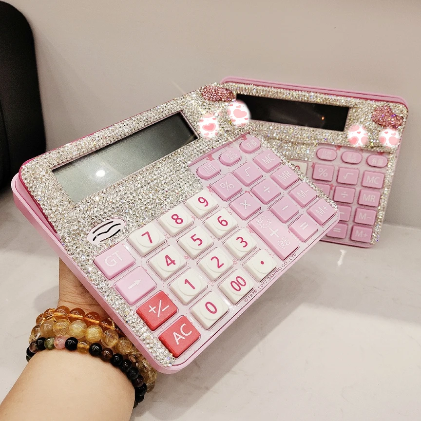 Kawaii Cartoon Calculator with Rhinestone Cute Pink Cat Real Voice Learning Big Button Screen Display 12 Digits Office Supplies