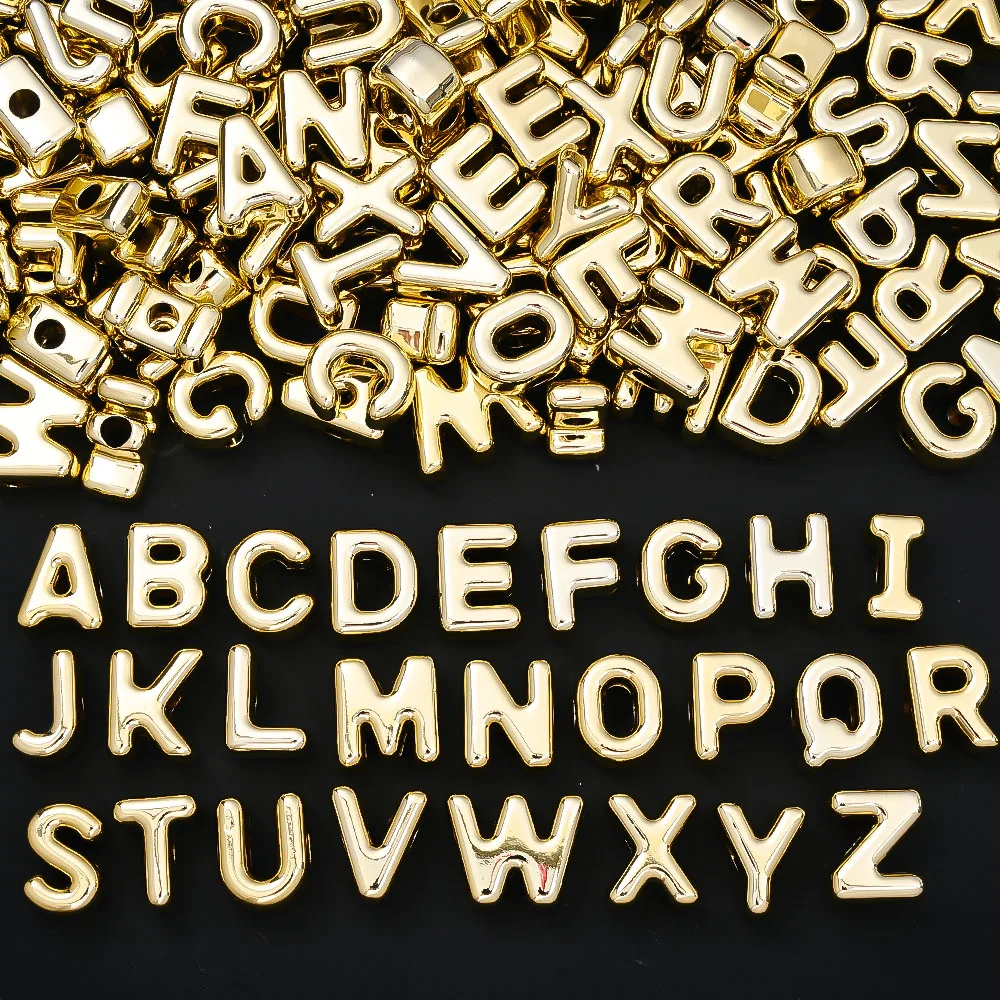 50 Stück goldfarbene Acryl-Buchstabenperlen, glänzende AB-Alphabet-Perlen für DIY-Schmuckherstellung, Armbänder, Halsketten, Schlüsselanhänger, Bastelarbeiten – Detail 1