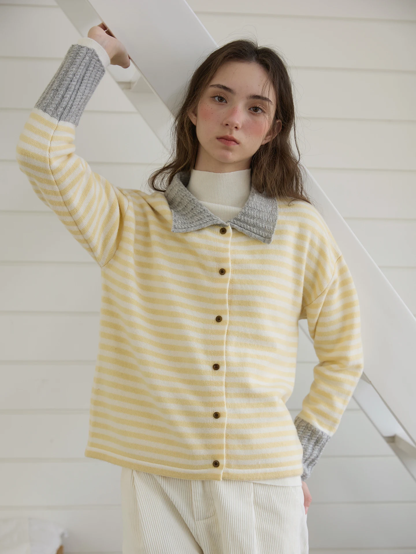 

Женский вязаный кардиган Willbewell College из чистой шерсти с отложным воротником, в полоску, с цветными блоками, теплый, осенне-зимний