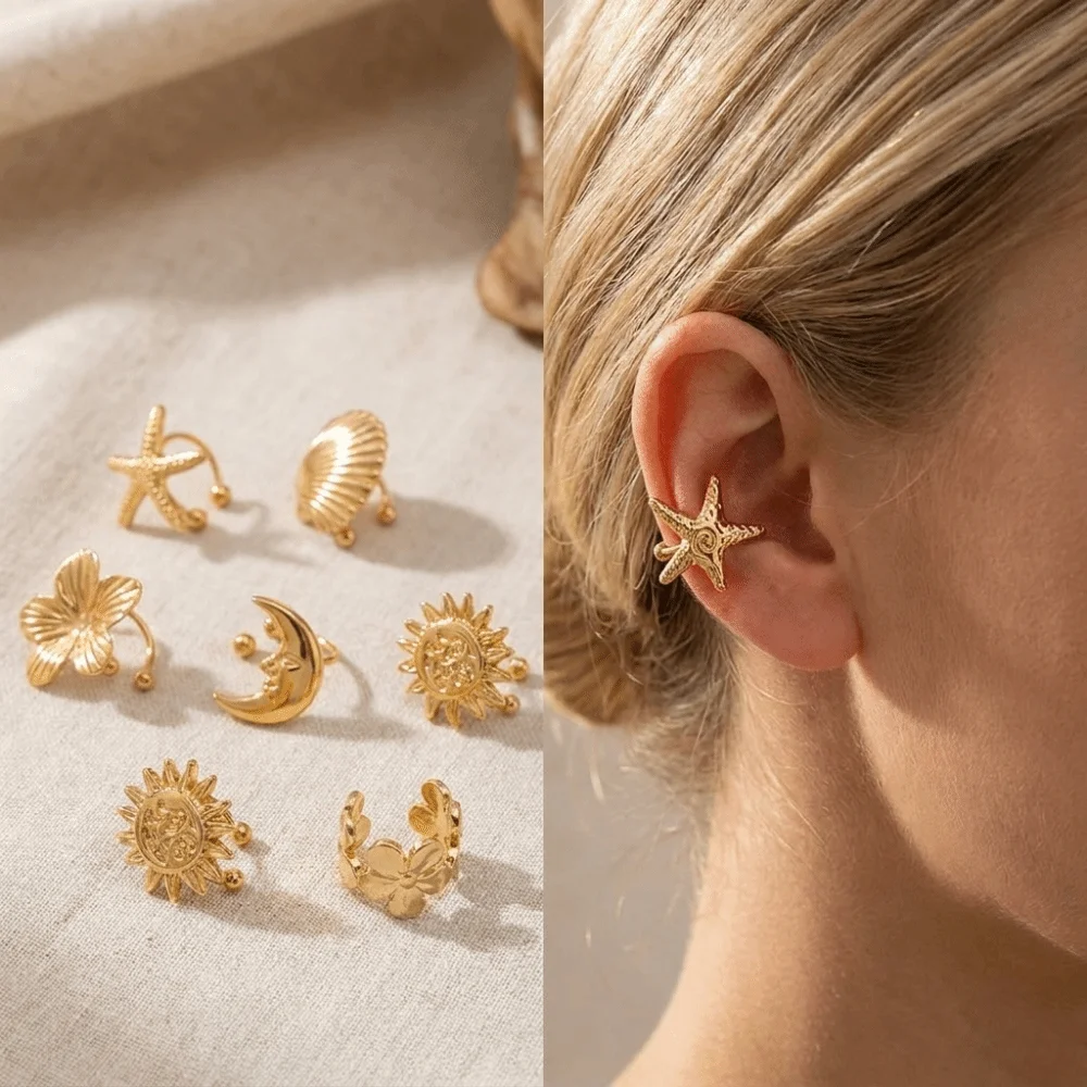 Trend Flower C Shape Ear Cuff Silver Metal Starfish Shell Ring Clip Irregular Shape Golded C-shaped Ear Clip Travel