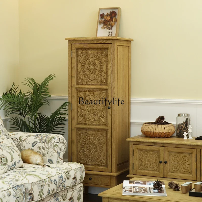 

American rural pastoral retro style solid wood carving flower oak vertical cabinet style locker