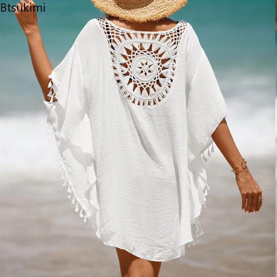 2024 Women’s Summer Holiday Beach Cover Up Hollow Out  Beachwear Solid Color Stitching Skirt Tassels Sunscreen Sexy Beach Smock