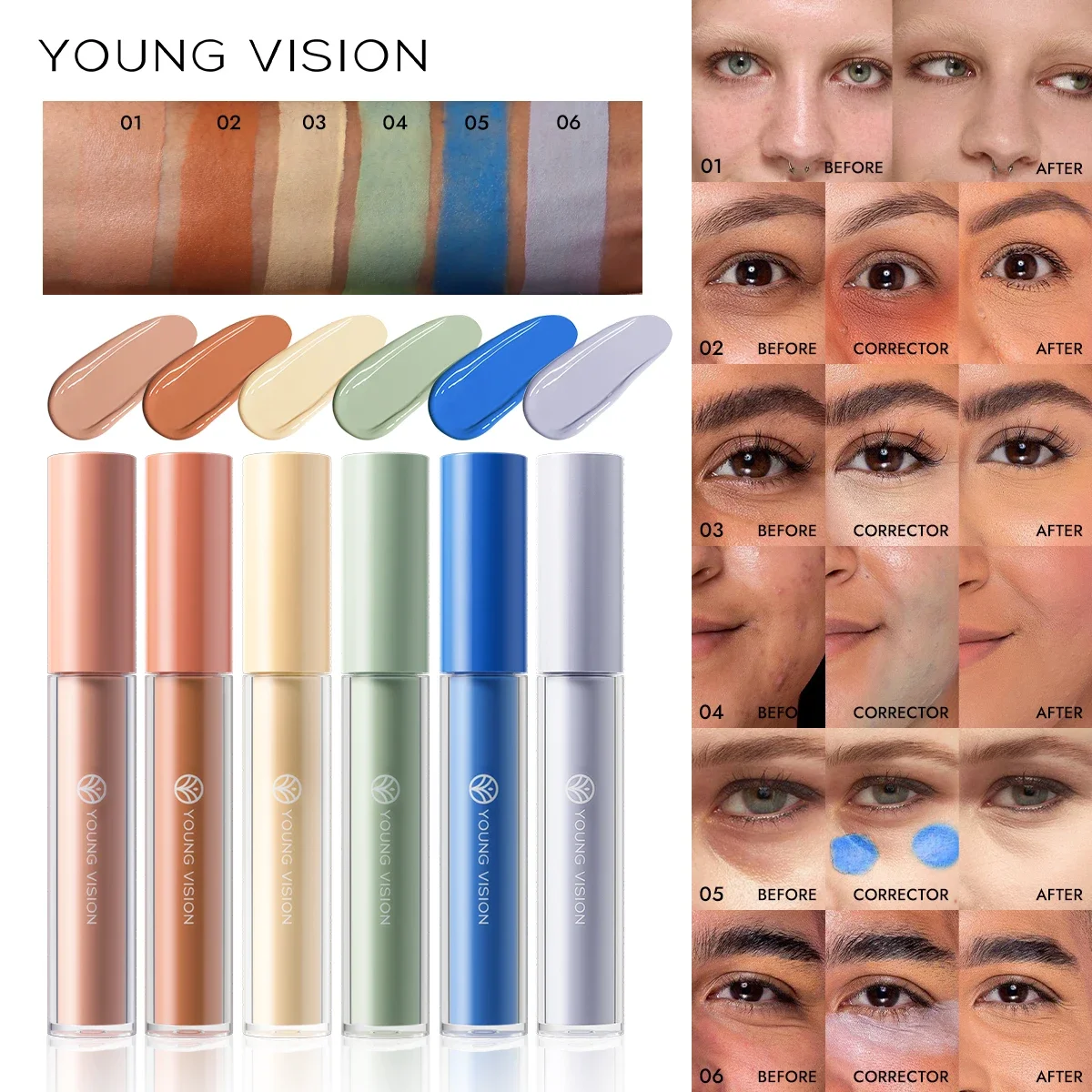 YOUNG VISION Corrector fresco hidratante de 6 colores ilumina el tono de la piel y cubre las imperfecciones y las ojeras corrector