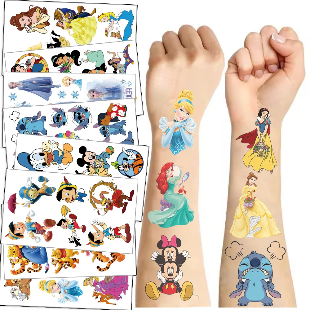 10pcs Disney Mix Anime Cartoon Tattoo Stickers Cute Stitch Snow White Figure Temporary Tattoo for Kids Girl Birthday Party Gifts