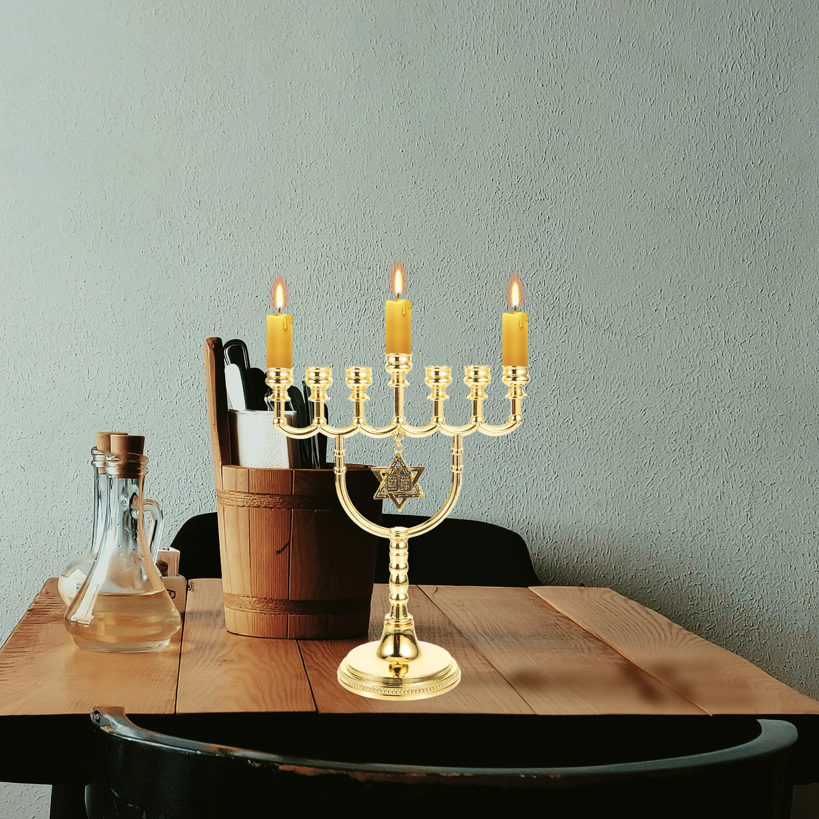 

Metal Gold Hanukkah Menorah Candle Holder Display 7-Arms Candle Stand Table Centerpiece