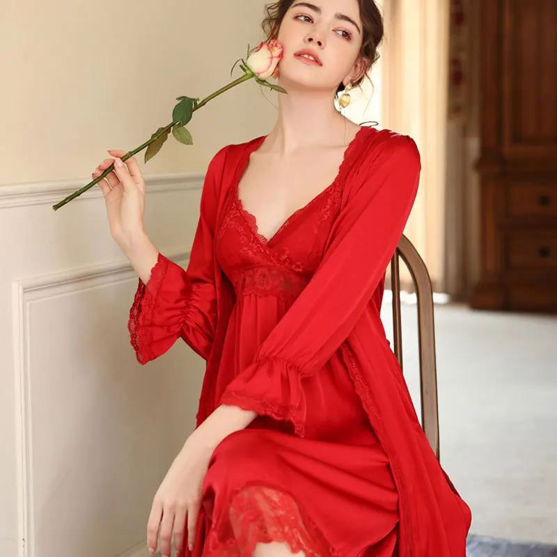 Silk Bathrobe Nightgown French Palace Princess Style Sleepwear New Summer Female Twinset Robe Set Casual Sexy Lace Home Dress