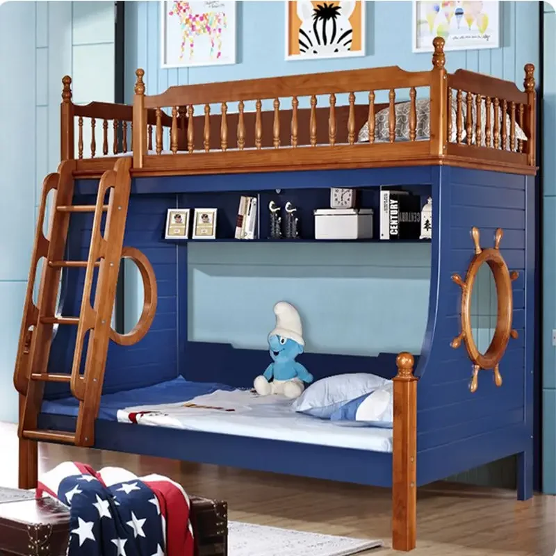 Cama infantil de lujo con escalera, cama de día, cama individual, cama king size para adultos, cama matrimonial, muebles de dormitorio, bases azules y litera alta de madera.