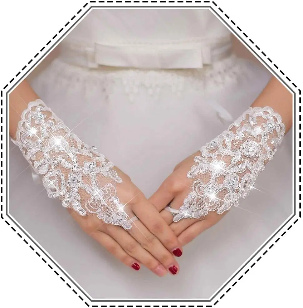 

Короткие кружевные перчатки для невесты Latious Bride, белые, без пальцев, со стразами, свадебные аксессуары для женщин