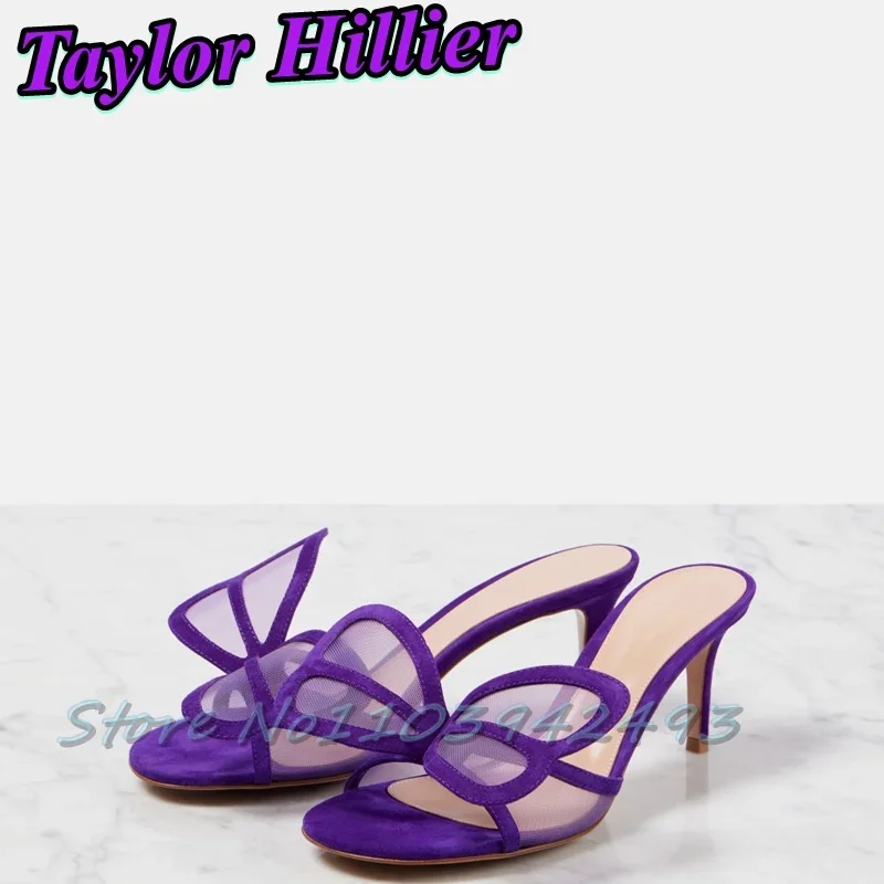 

Butterfly Wings Heeled Sandals Air Mesh Heels Women Fashion Outerwear Mules Solid Pull On Luxury Shoes Purple Yellow Slippers
