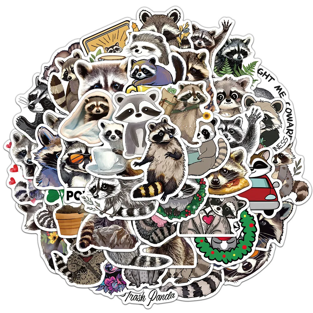 50pcs Cartoon Raccoon Stickers Cute Animal Account Material Phone Case Laptop Luggage Water Bottle Waterproof Stickers
