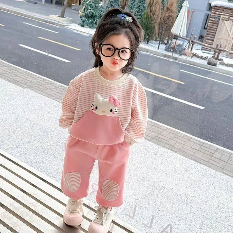 

Sanrio Hello Kitty Children Sets Girl Spring Fall Stripe Long Sleeves Tops Casual Pants Kawaii Anime Fashion New Style Clothing