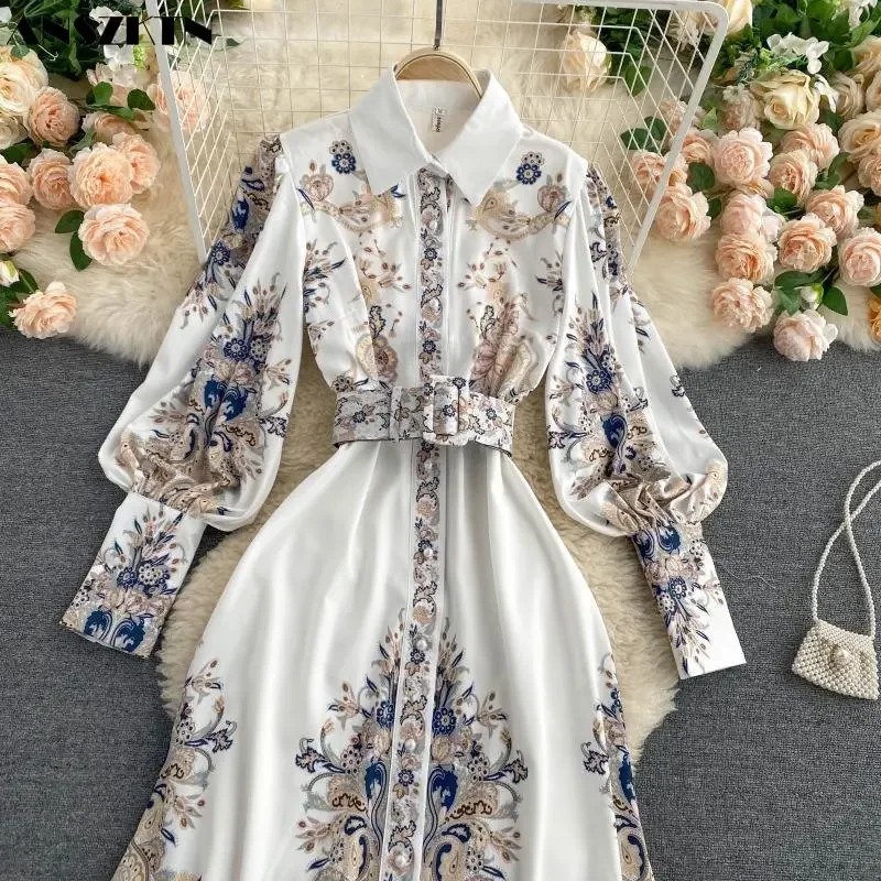 Dress Long Women Retro Printing Temperament Shirt Collar ANSZKTNable Bubble Sleeves Slim Long Dress