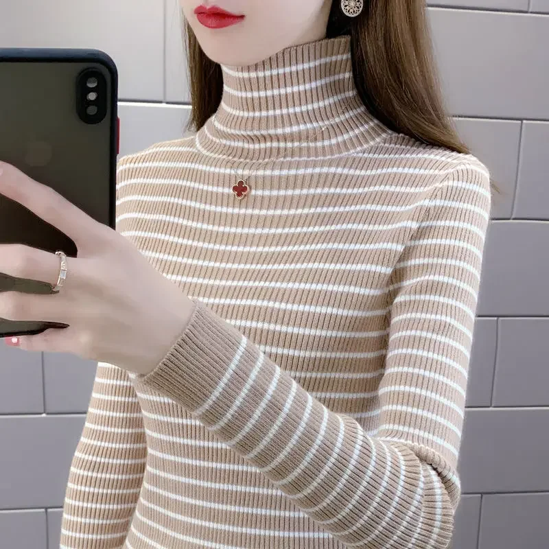 Women Autumn and Winter Korean Style New Half-turtleneck Striped Contrast Sweater Warm Slim and Thin Long Sleeves Bottom Shirt