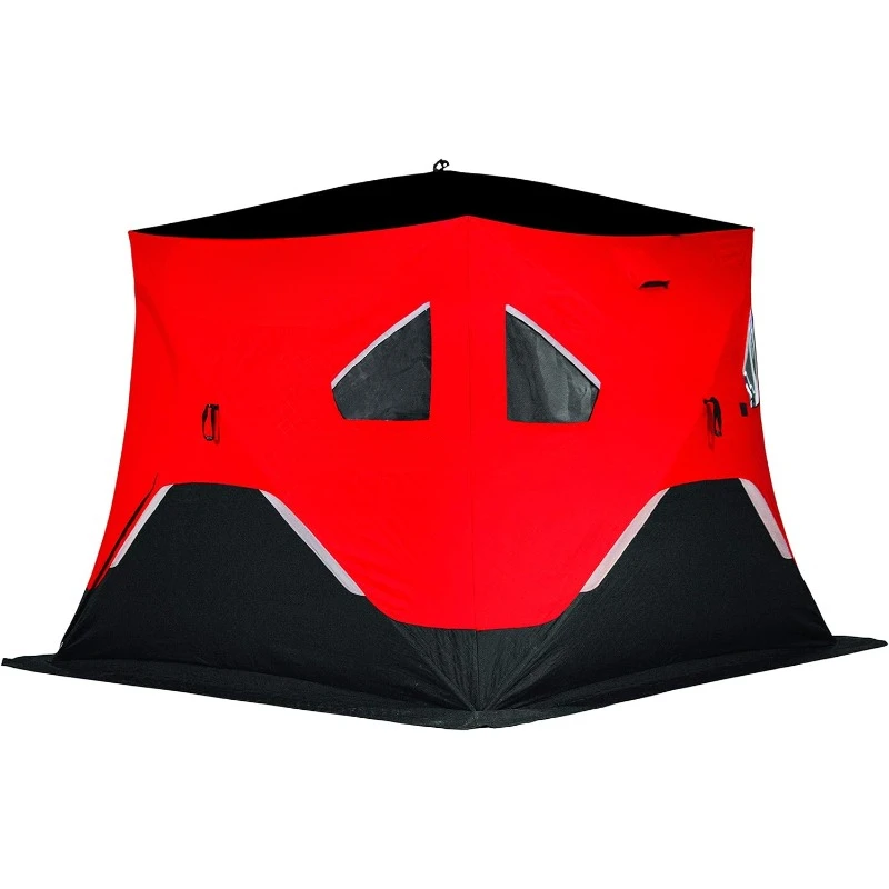 Portable Hub-Style Ice Shelter, Wide Bottom Design 61 sq ft. Fishable Area, 3-4 Person Insulated Gray Interior, Red, 99