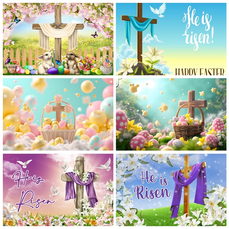 

Happy Easter Photography Backdrop Spring Rabbit Bunny Colorful Eggs Flower Wooden Cross Baby Shower Photo Backgrounds Props