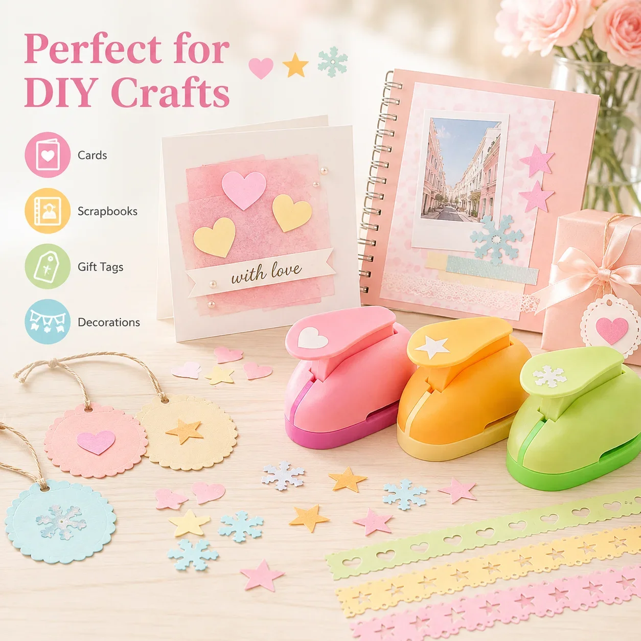 3 Pattern Kids Paper Punch Easy Press Craft Puncher for Scrapbook Card Making Ergonomic