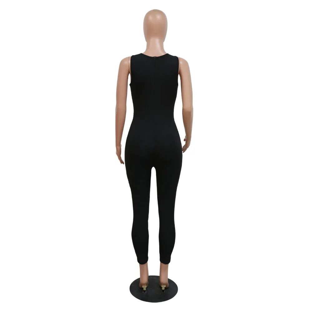 QILI-Sexy Black Sequins Jumpsuit, Sleeveless, Round Neck, Perspective, Polyester Mesh, Spliced, Beaded, Slim Fit Pants