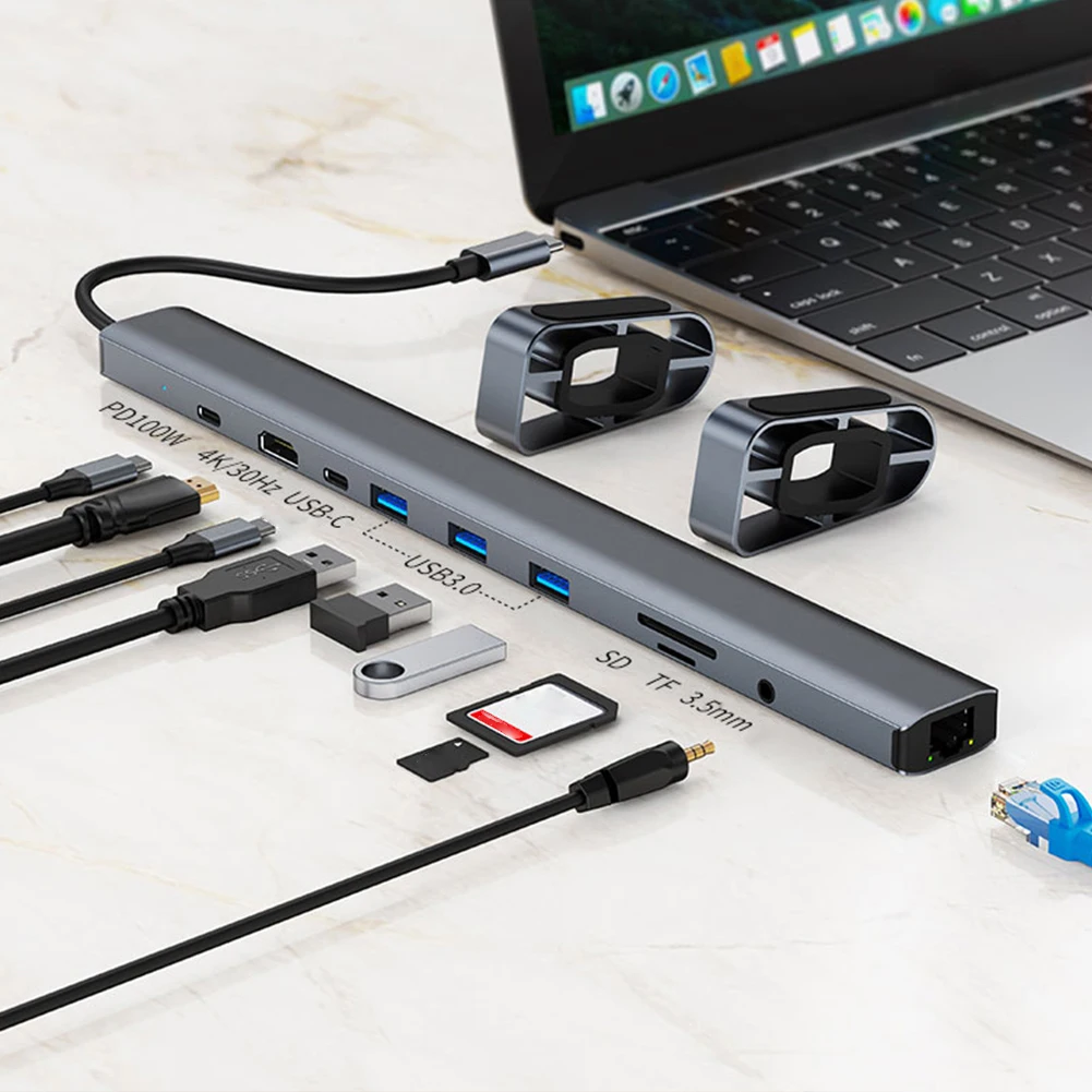 10 in 1 USB HUB 3.0 USB C HUB Dock Station PD 100W Fast Charge Multi-hub Splitter 4K/30Hz 3.5mm Audio Jack for Macbook Pro Air