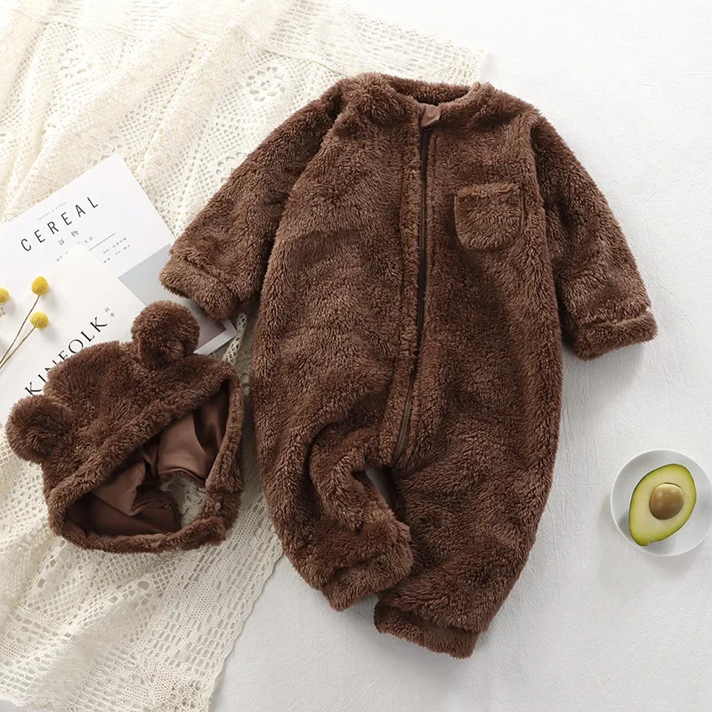 Cute Plush Bear Baby Rompers Toddler Girl Overall Jumpsuit Spring Autumn Hooded Zipper Baby Boys Romper Infant Crawling Clothing