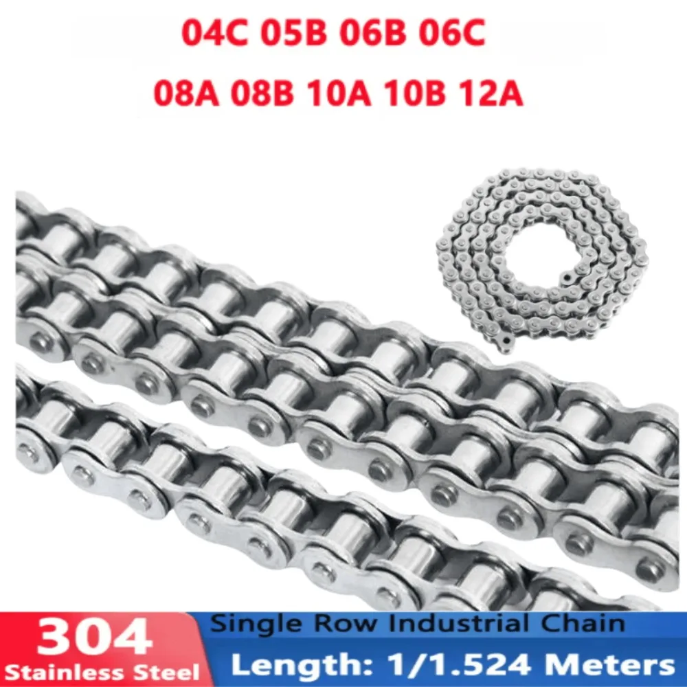 304 Stainless Steel Short Pitch Roller Chain 1/1.524M Industrial Transmission 04C 05B 06B 06C 08A 08B 10A 10B 12A