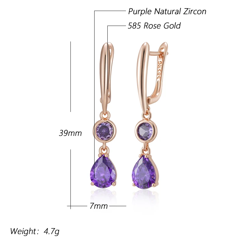 Kinel Hot Shiny Purple Natural Zircon Long Dangle Earrings for Women 585 Rose Gold Color Vintage Ethnic Bride Daily Fine Jewelry