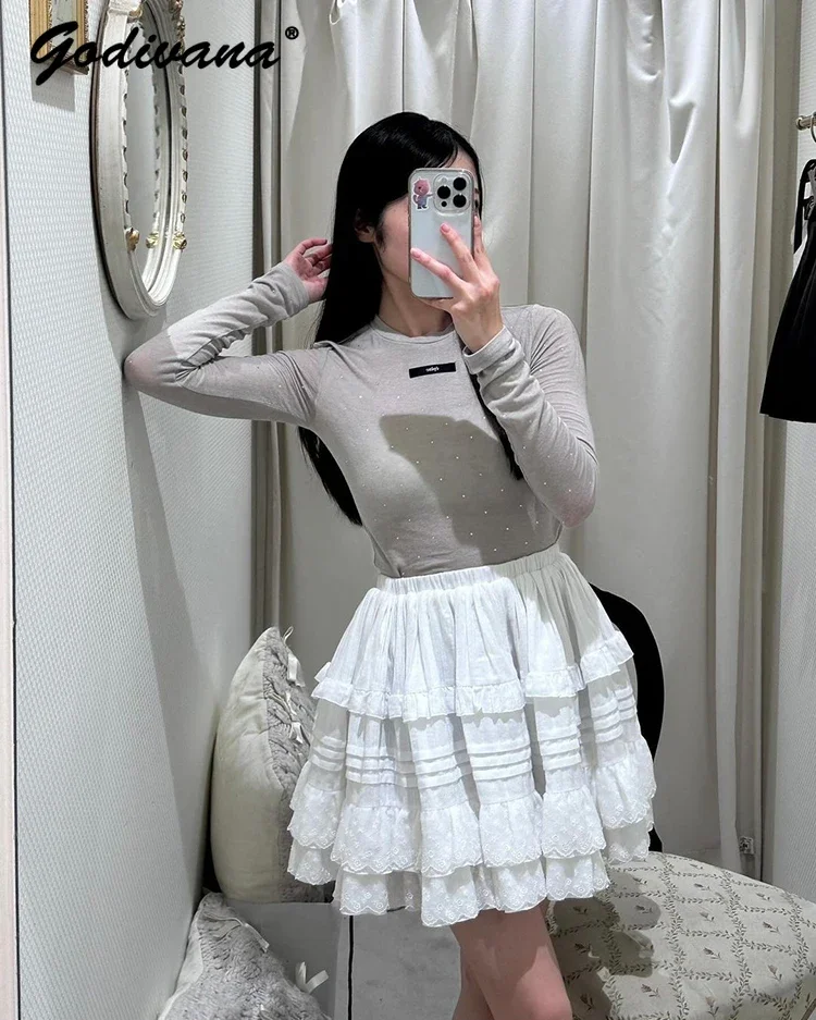 Japanese Style New Women Girls Elastic Waist Layer Lace Splicing Sweet Skirt Spring Summer White Short Cake Skirts