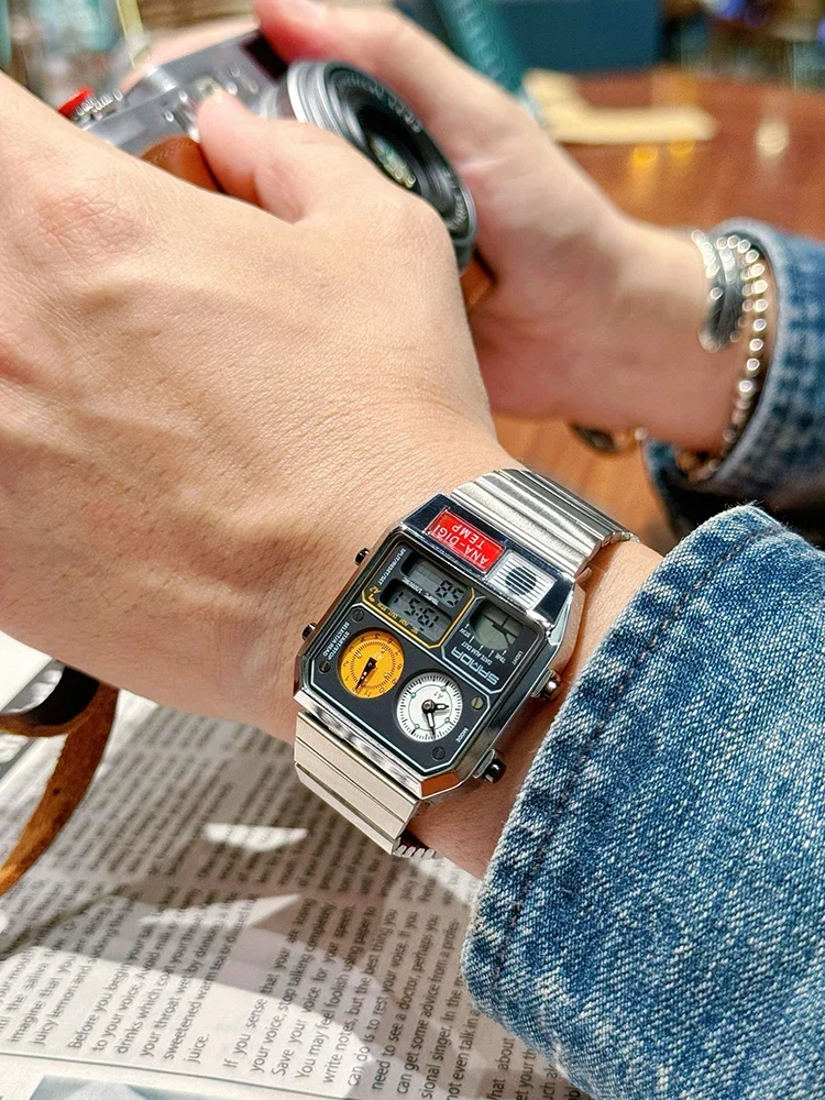 Retro square multi-function neutral watch outdoor sports steel belt waterproof thermometer chronograph alarm clock electronic