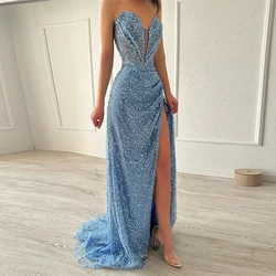 Luxury Shiny Blue Sequin Mermaid Evening Dresses Dubai Arabic Women Formal Party Dress Sleeveless High Leg Split Wedding Gowns