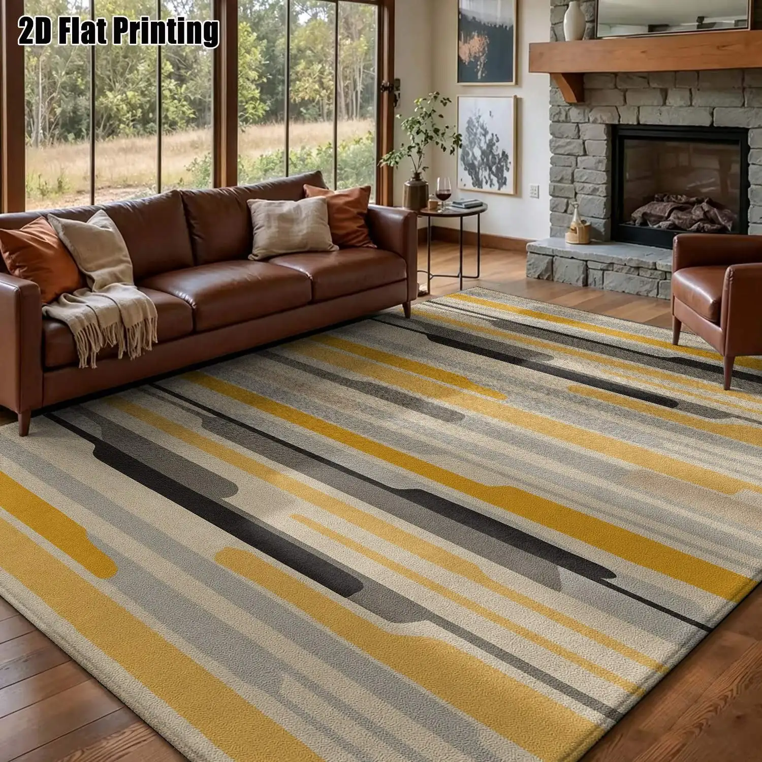 1Pc 2D Printed Nordic Modern Minimalist Geometric Striped Carpet, Yellow-Grey, Instagram-Style Floor Mat, Machine Washable, Multi-Size, Home Decor for Entrance, Dining Room, Foyer, Living Room, Bedroom