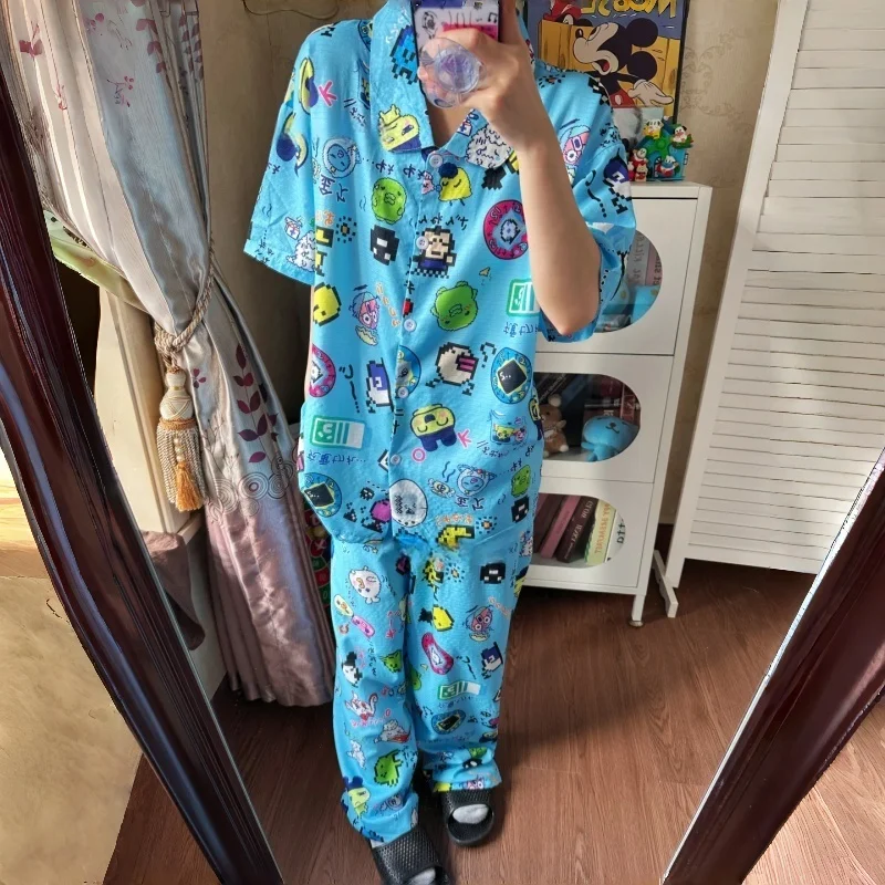 In Stock Summer Crinkle Cotton Short Sleeve Pajama Set With Cute Cartoon Print Loungewear For Teens And Adults Home Casual Gift