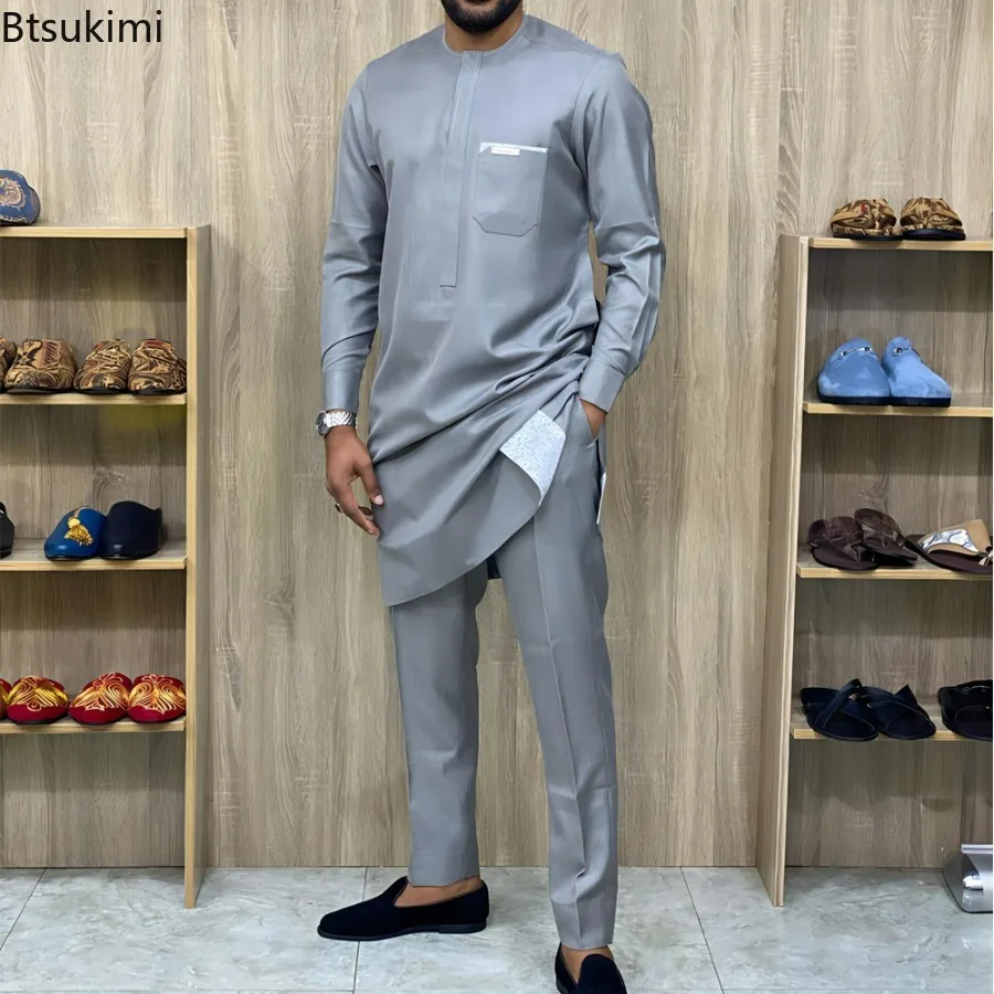 2025 Kaftan New in African Traditional Clothing Men's Fashion Muslim Sets Luxury Elegant O-neck Long Sleeve Casual 2 Piece Sets