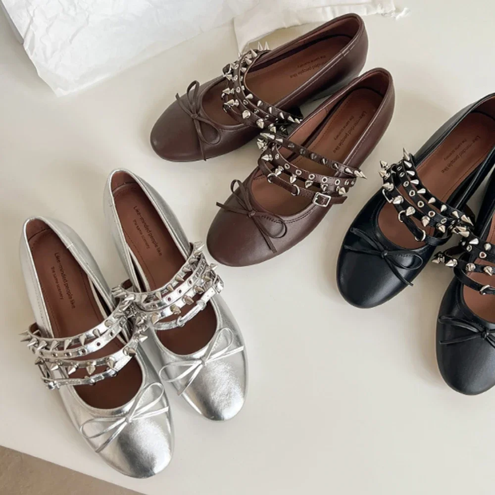 

Весенне-летние балетки на плоской подошве, женские туфли из натуральной кожи с заклепками, женская обувь Мэри Джейн, женская рабочая обувь, удобная для работы