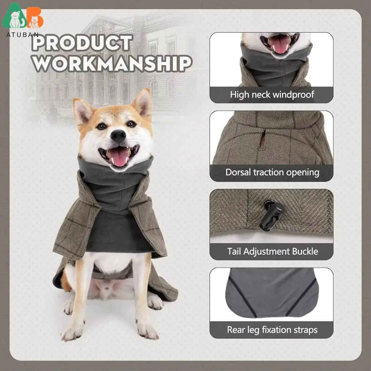 Warm Dog Coat English Plaid Dog Fleece Vest Windbreaker Jacket Winter Clothing with Traction Eyelets Suitable for All Dog Types