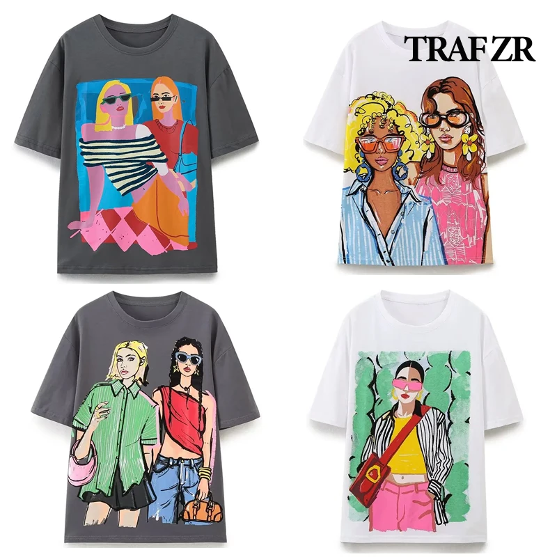 TRAF ZR Cotton T-shirts for Women Summer 2024 Women\'s Tshirts Top Y2k Fashion O-neck Casual Tops Short Sleeve Tee Harajuku Shirt