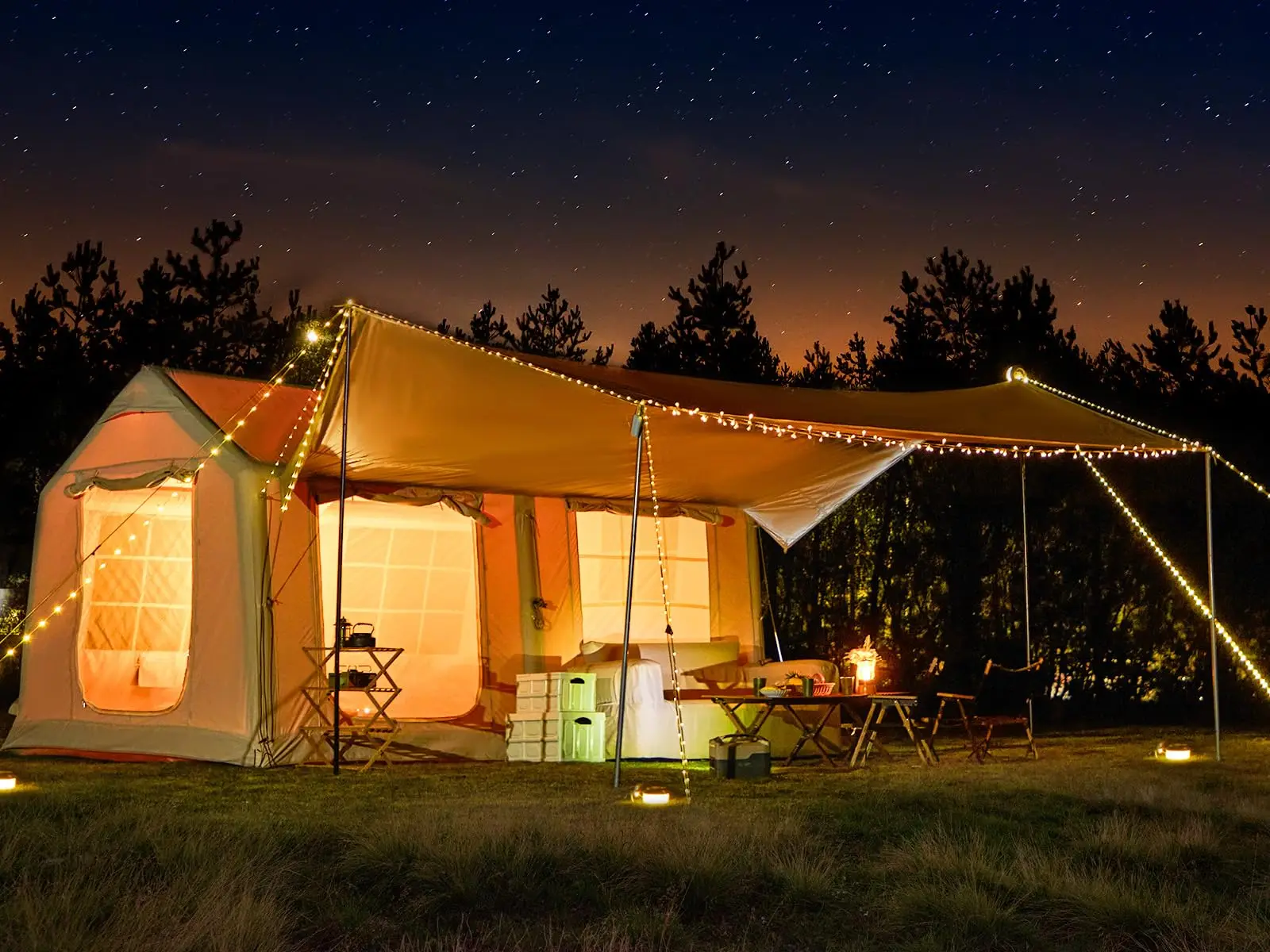 Inflatable Tents for Camping with Oversized Canopy, Oxford Cloth Heightened Tent with Stove Jack, Hand Pump, Extra Large Blow Up
