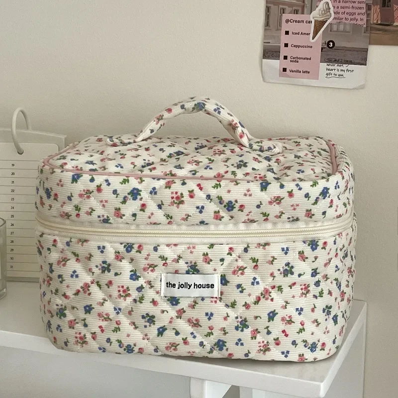 Mode Vintage Bloem Vrouwen Make-Up Tas Katoen Tote Draagbare Vrouwelijke Cosmetische Opslag Handtas Reizen Organizer Rits Gewatteerde Tas