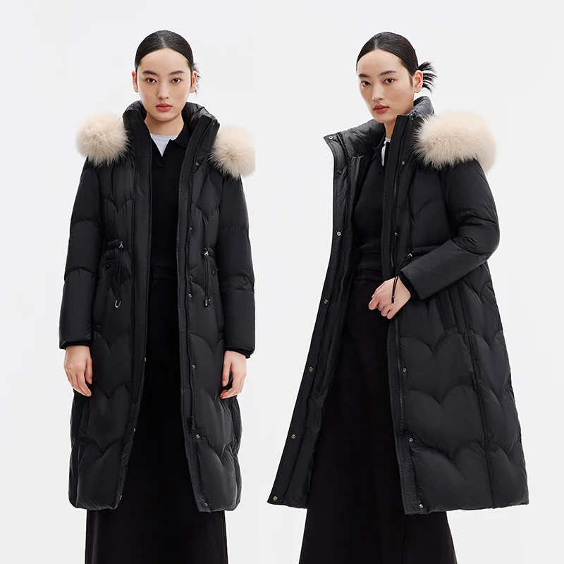 Chericom Winter Down Jacket Detachable Fox Fur Hood Trim Chevron Quilted Drawstring Multiple Pockets Padding Jackets Y299227B