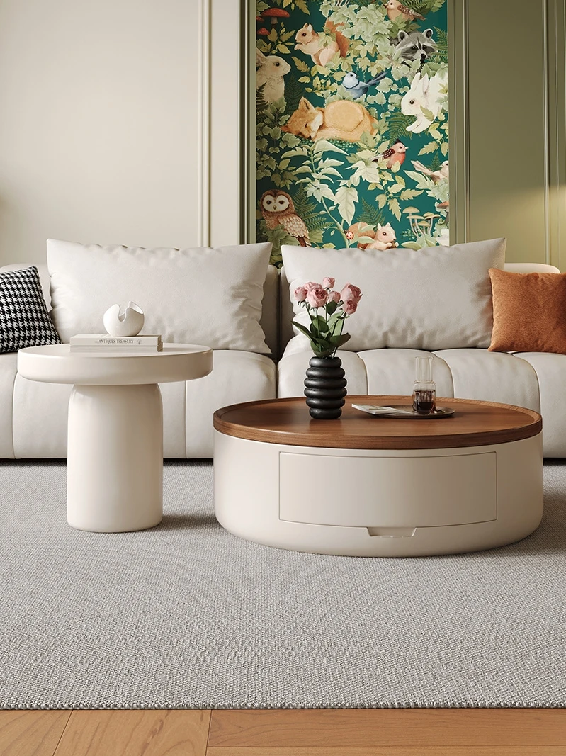 Italian Light Luxury Living Room Coffee Table Minimalist Creative Solid Wood Paint Size round Tea Table French Cream Tea Table