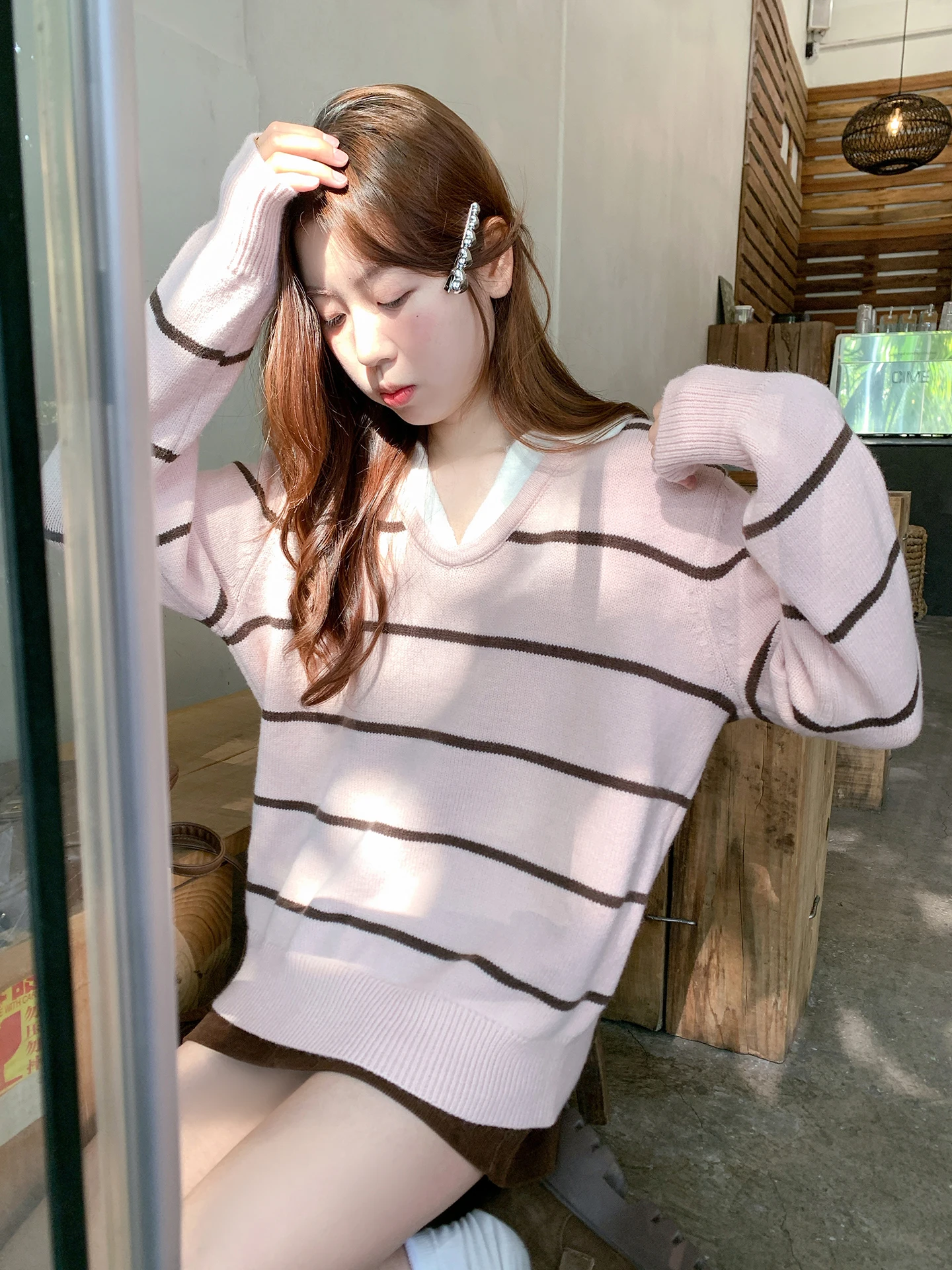 

Loose V-Ne Striped Sweater Women's Korean Sle Fake Two-Piece Knitwear Pink Autumn Winter Casual Long Sve Top