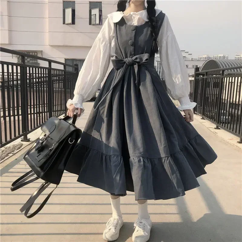 Vestidos maxi de verão camisas para mulheres casuais kawaii roupas de fadas manga longa vestido de alça lolita harajuku cottagecore robe